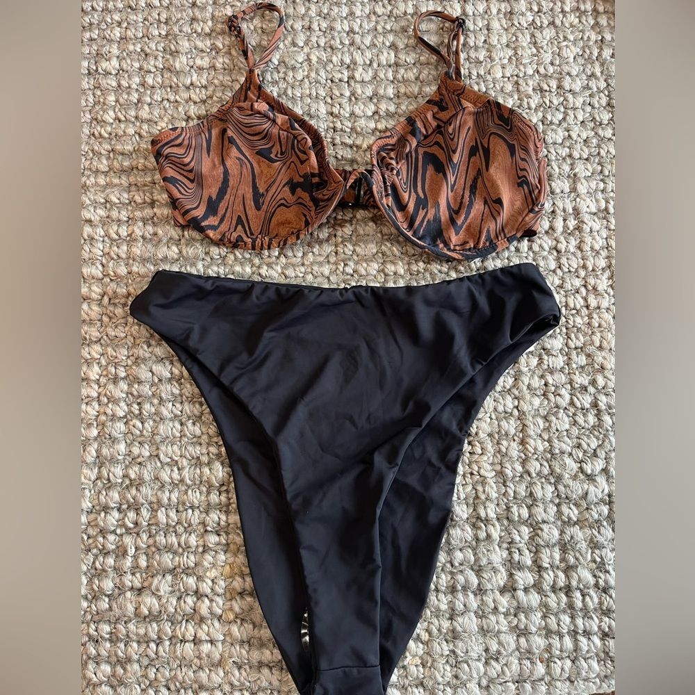 New good American high waist black underwire bra marble bronze bikini